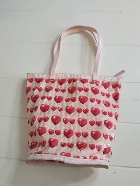 Lesportsac Y2k Pink Heart Print Sequined Nylon Handbag